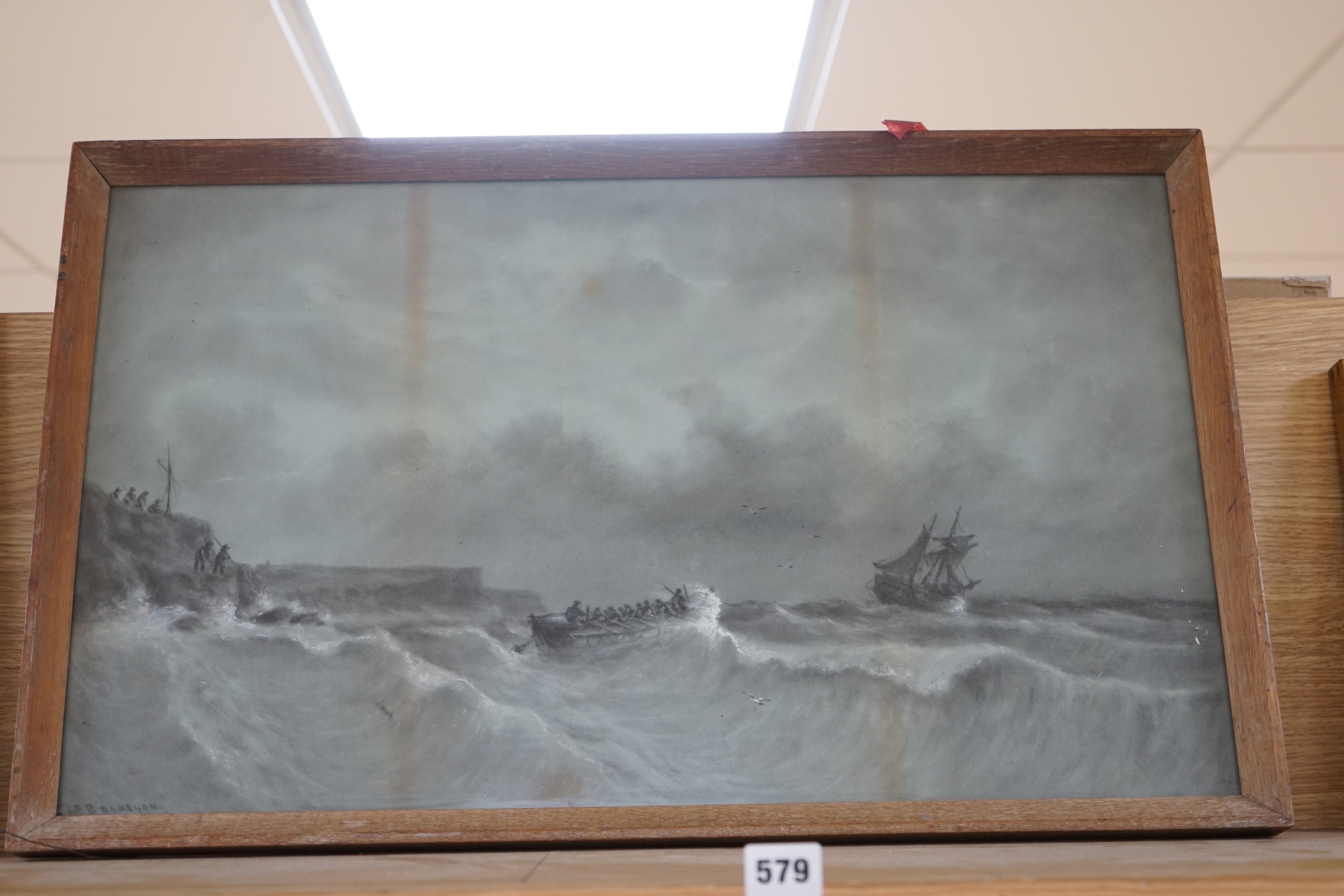 L.F. Brakeman, charcoal and chalk, Lifeboat and shipwreck at sea, signed, 40 x 67cm